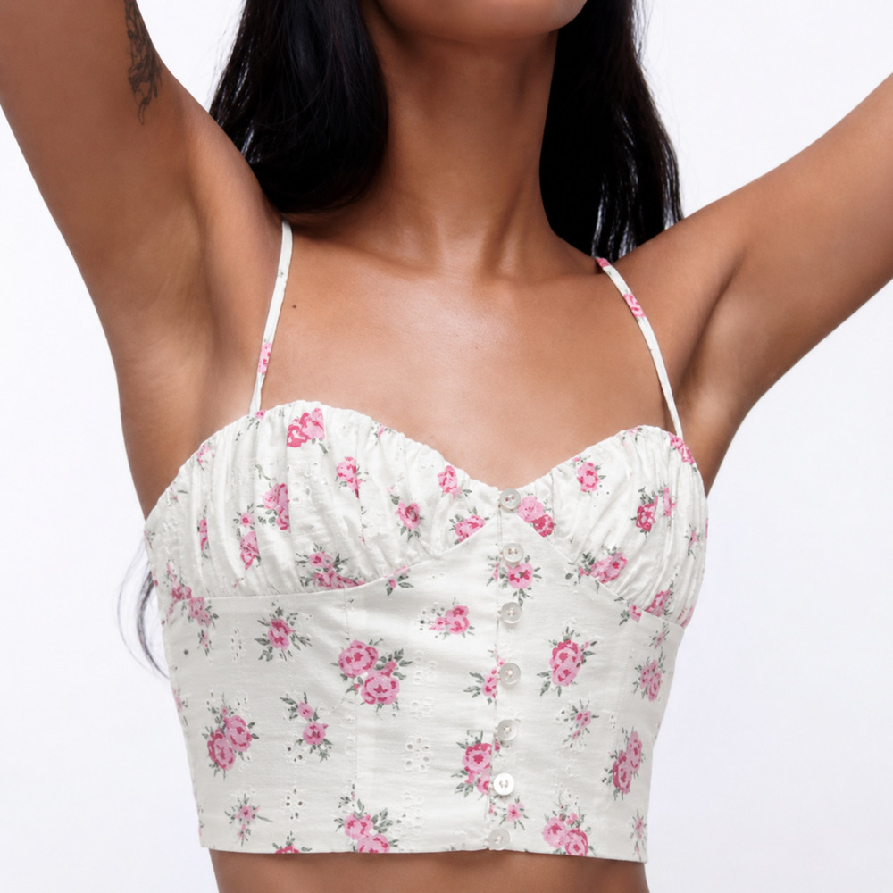 Zara White Pink Floral Button Front Cropped Cami Top Size M